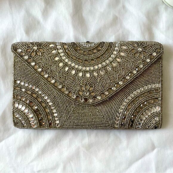 Glint beaded jeweled silver platinum evening bag clutch - Picture 1 of 16